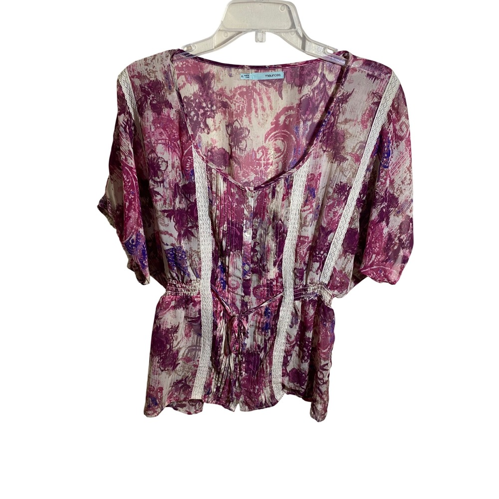 Maurices Purple Floral‎ Sheer Button Down Lace Trim Smocked Peplum Blouse XL